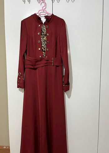 Bordo Uzun Kol Desenli Kemerli Elbise