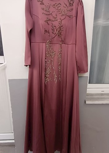Bordo Uzun Kollu İşlemeli Abiye Elbise
