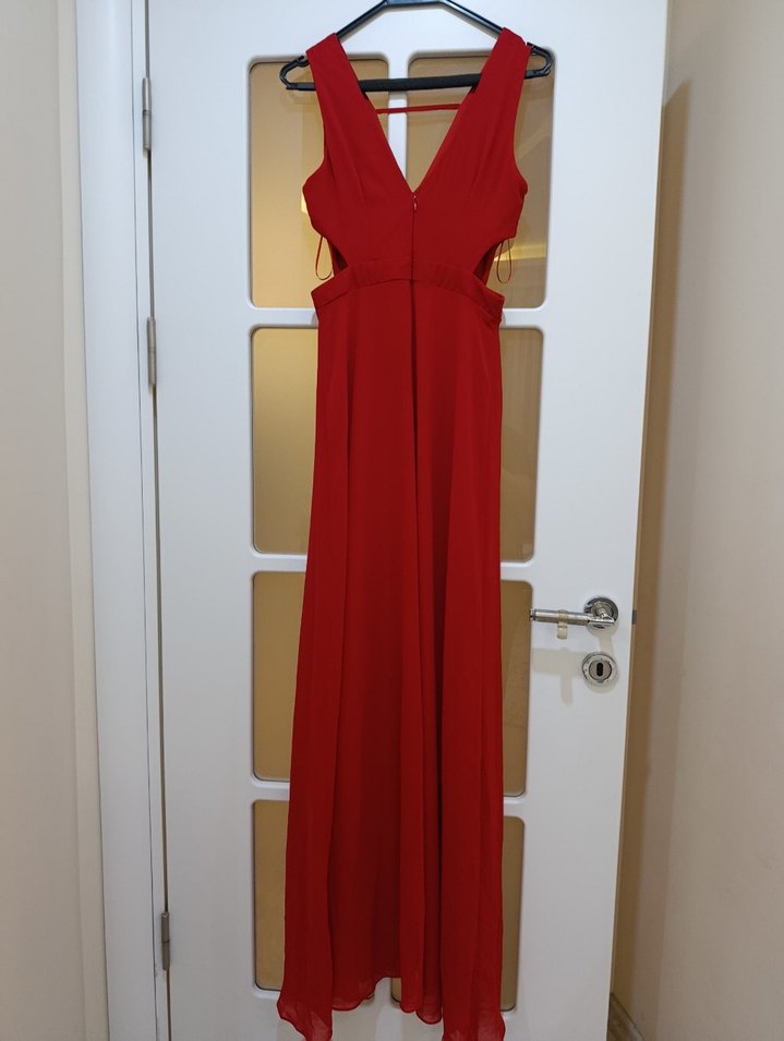 Kırmızı V Yaka Uzun Abiye Elbise - Görsel 2