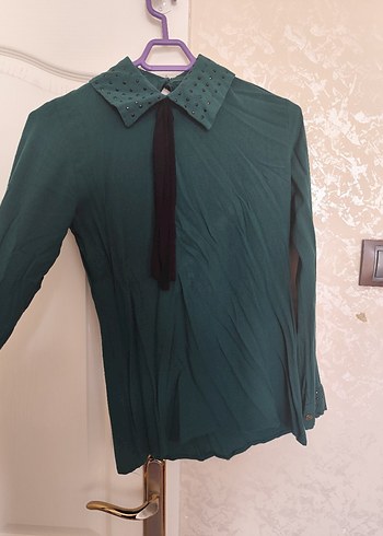 Yeşil Uzun Kollu Gömlek Yaka Kadın Bluz - Görsel 3