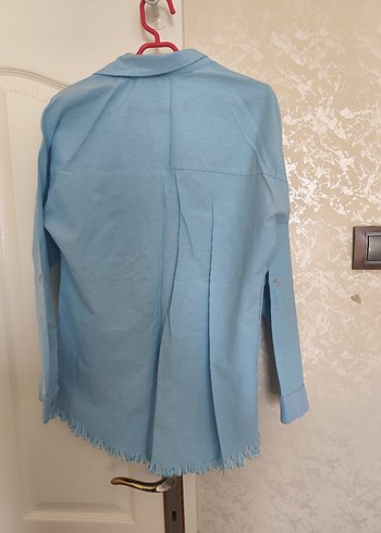 Mavi Uzun Kollu Keten Gömlek - Görsel 2