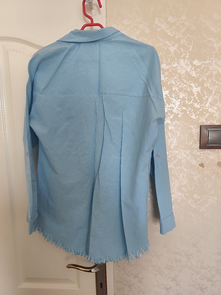 Mavi Uzun Kollu Keten Gömlek - Görsel 2
