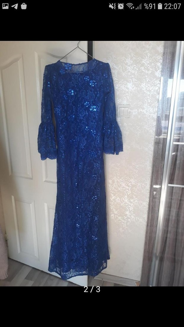 Mavi Dantel Uzun Kollu Abiye Elbise - Görsel 3