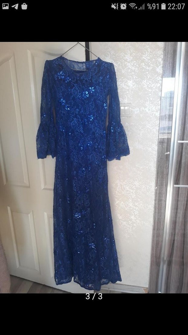 Mavi Dantel Uzun Kollu Abiye Elbise - Görsel 2