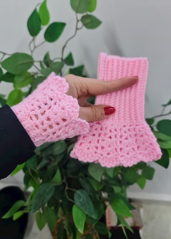 Dantel Detaylı Pembe Örgü Eldiven - Görsel 2