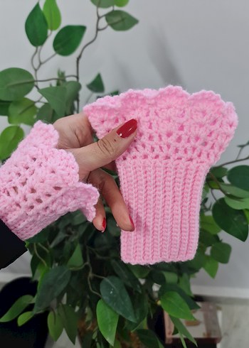 Dantel Detaylı Pembe Örgü Eldiven - Görsel 3