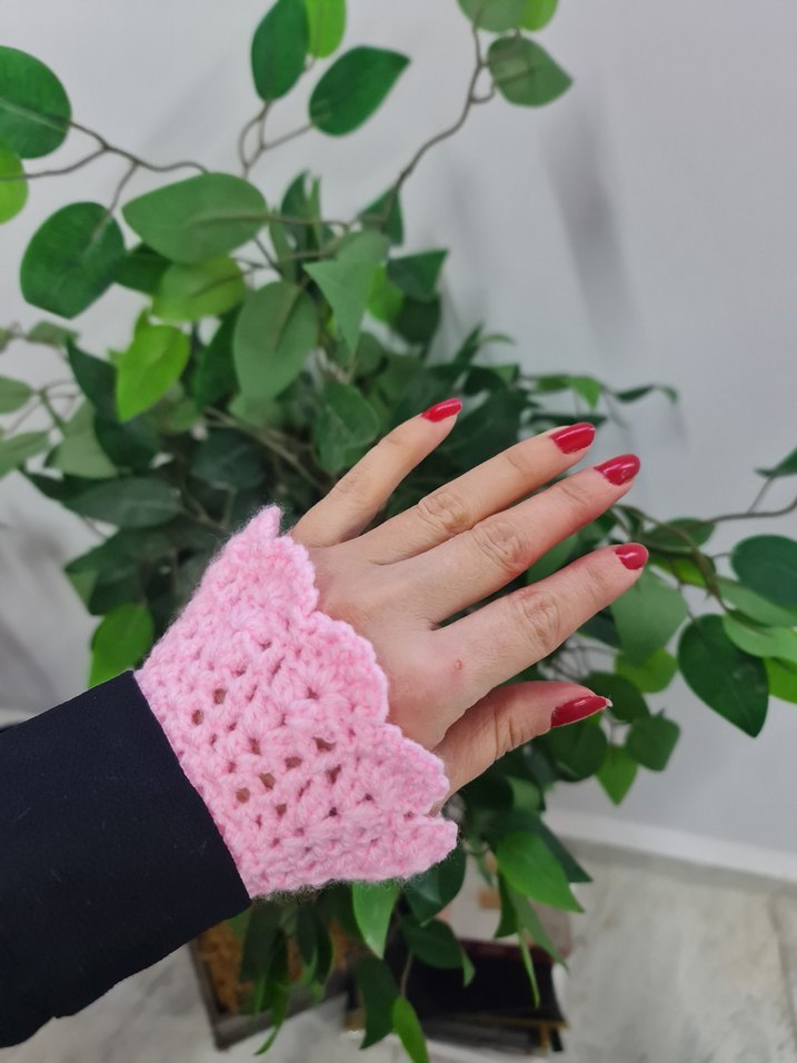 Dantel Detaylı Pembe Örgü Eldiven - Görsel 4