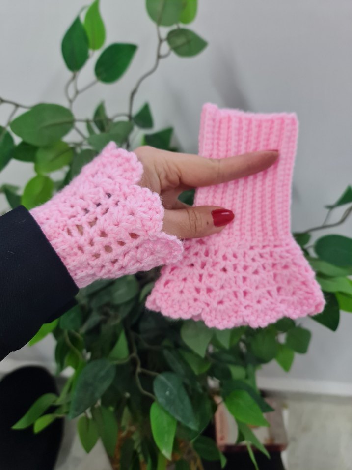 Dantel Detaylı Pembe Örgü Eldiven - Görsel 2