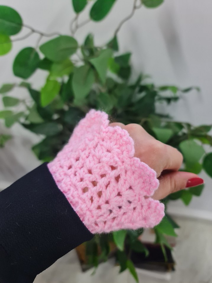 Dantel Detaylı Pembe Örgü Eldiven - Görsel 5