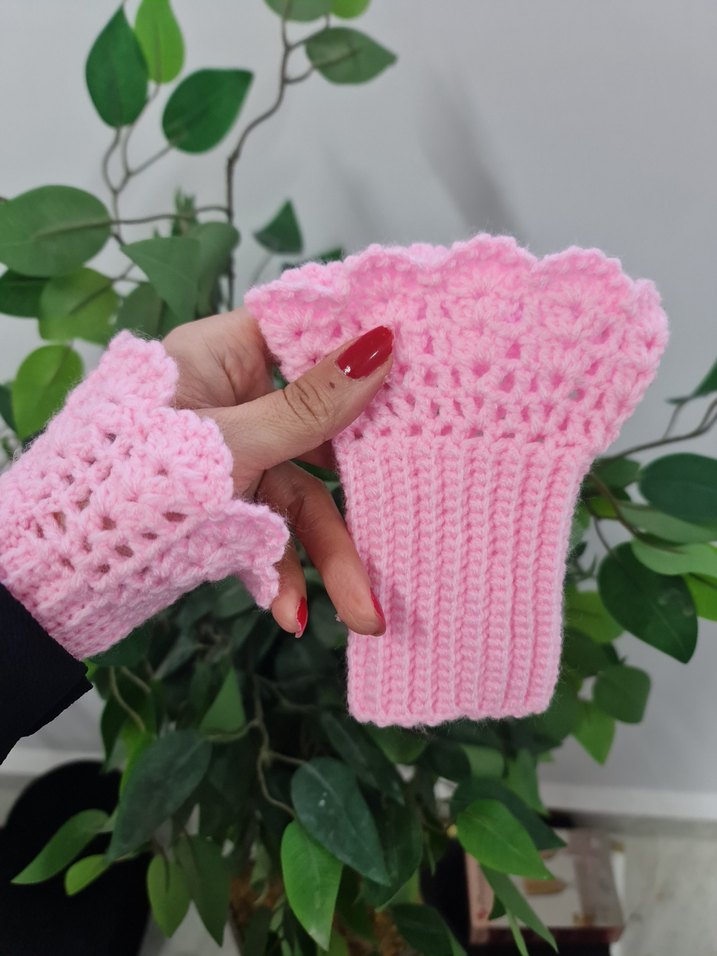 Dantel Detaylı Pembe Örgü Eldiven - Görsel 3