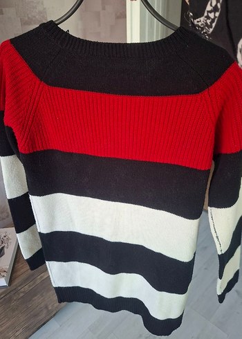 Kırmızı Siyah Çizgili Kadın Triko Kazak - Görsel 2