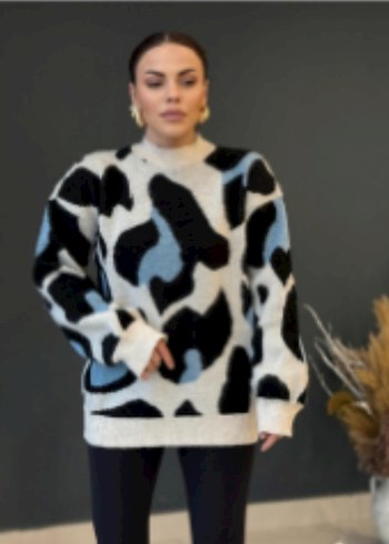 Gri Milka Desenli Uzun Kollu Salaş Kazak - Görsel 3