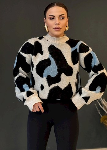 Gri Milka Desenli Uzun Kollu Salaş Kazak - Görsel 2