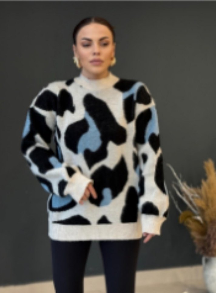 Gri Milka Desenli Uzun Kollu Salaş Kazak - Görsel 3