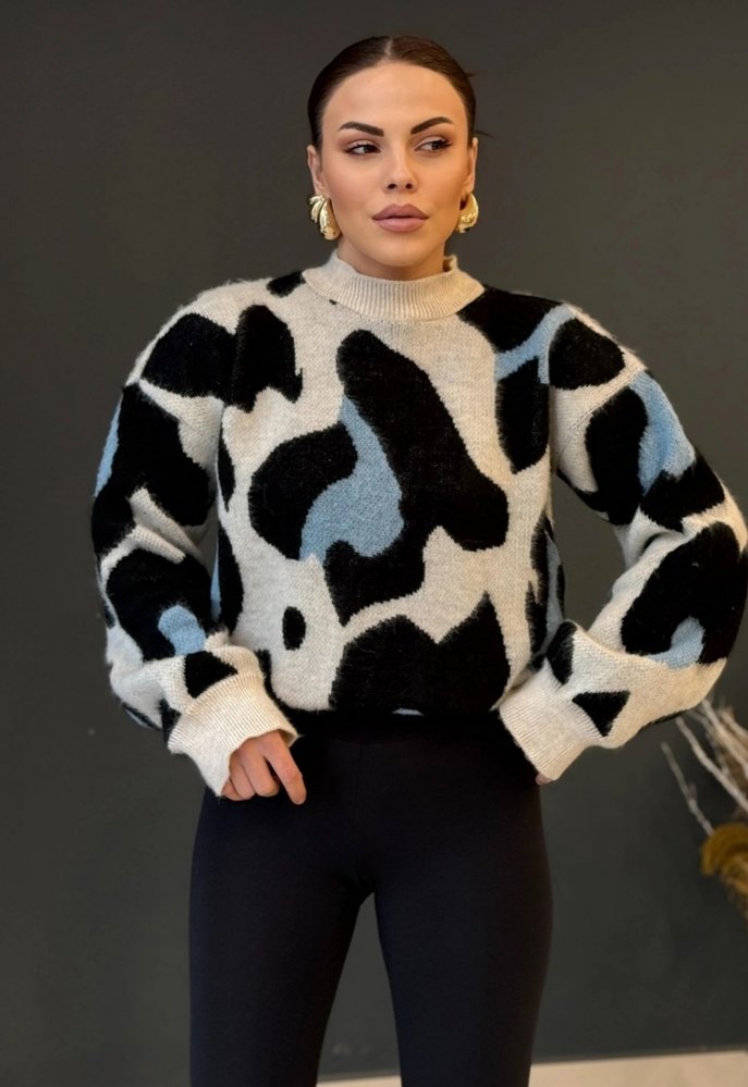 Gri Milka Desenli Uzun Kollu Salaş Kazak - Görsel 2