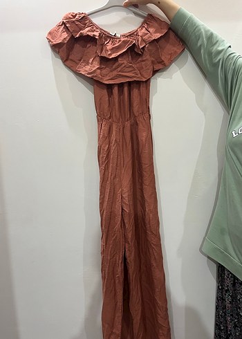 Kadın Kahverengi Keten Uzun Fırfırlı Tulum - Görsel 2