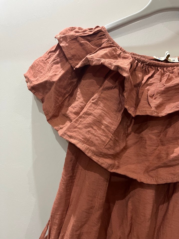 Kadın Kahverengi Keten Uzun Fırfırlı Tulum - Görsel 3