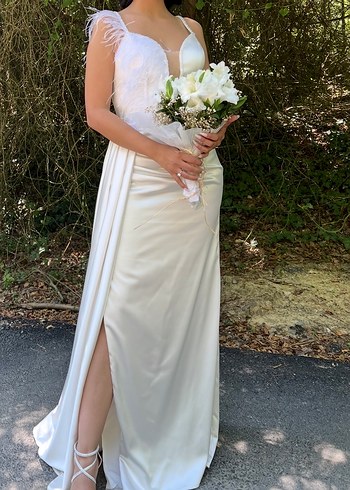 V Yaka Beyaz Uzun A Kesim Gelinlik - Görsel 3