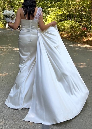 V Yaka Beyaz Uzun A Kesim Gelinlik - Görsel 4