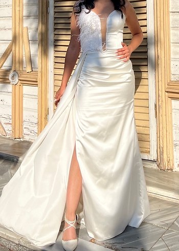 V Yaka Beyaz Uzun A Kesim Gelinlik - Görsel 2