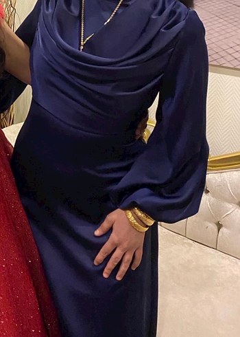 Lacivert Uzun Drapeli Kadın Elbise - Görsel 2