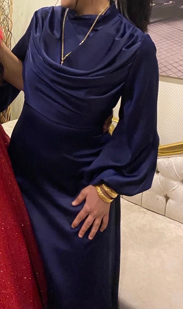 Lacivert Uzun Drapeli Kadın Elbise - Görsel 2