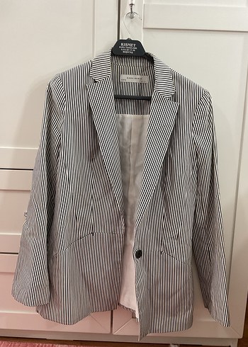 Çizgili Lacivert-Beyaz Kadın Blazer Ceket