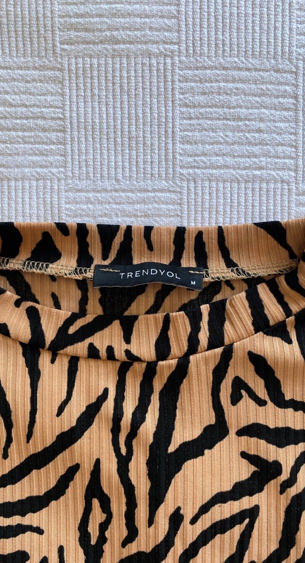 Kahverengi Zebra Desenli Kolsuz Crop Top - Görsel 2