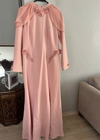Pembe Drapeli Uzun Tesettür Abiye Elbise