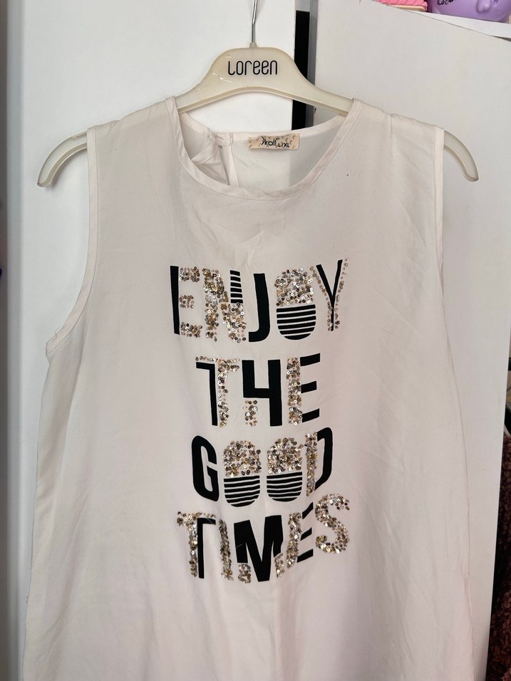 Kız Çocuk Payetli Beyaz Kolsuz Tişört - Görsel 2