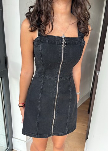 Siyah Fermuarlı Denim Midi Elbise