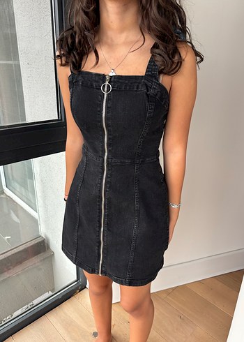 36 Beden Siyah Fermuarlı Denim Midi Elbise