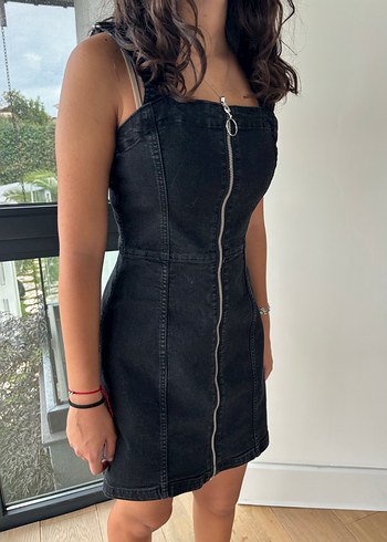 36 Beden siyah Renk Siyah Fermuarlı Denim Midi Elbise