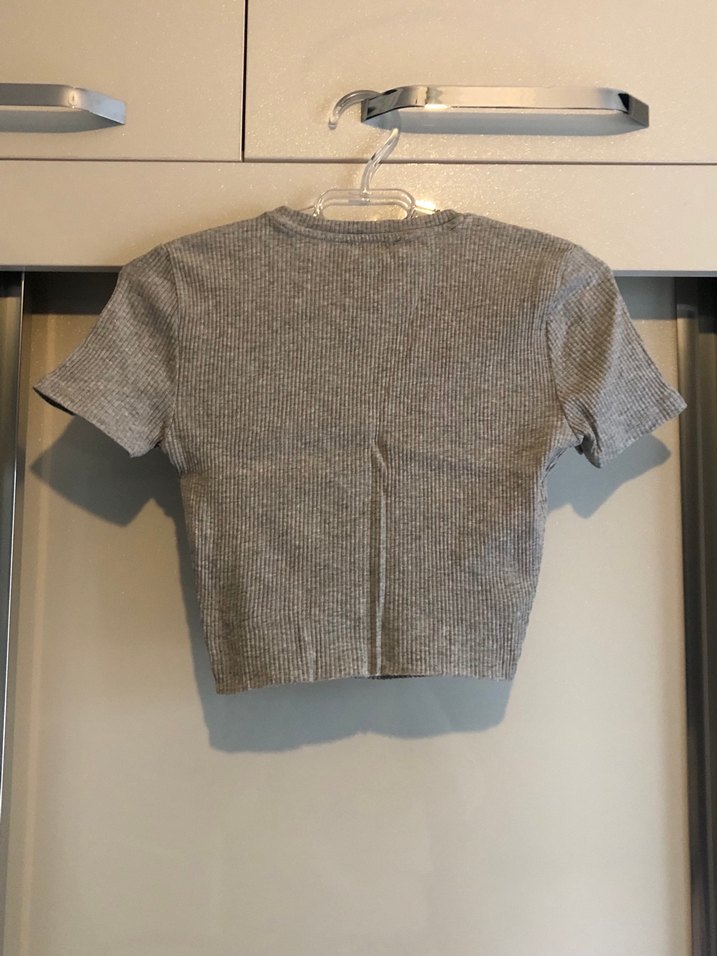 Gri Kısa Kollu Crop Top - Görsel 2