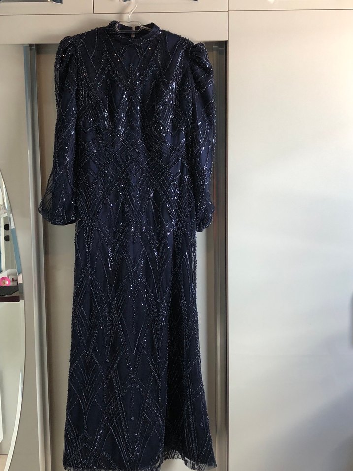 Lacivert İşlemeli Uzun Abiye Elbise - Görsel 2