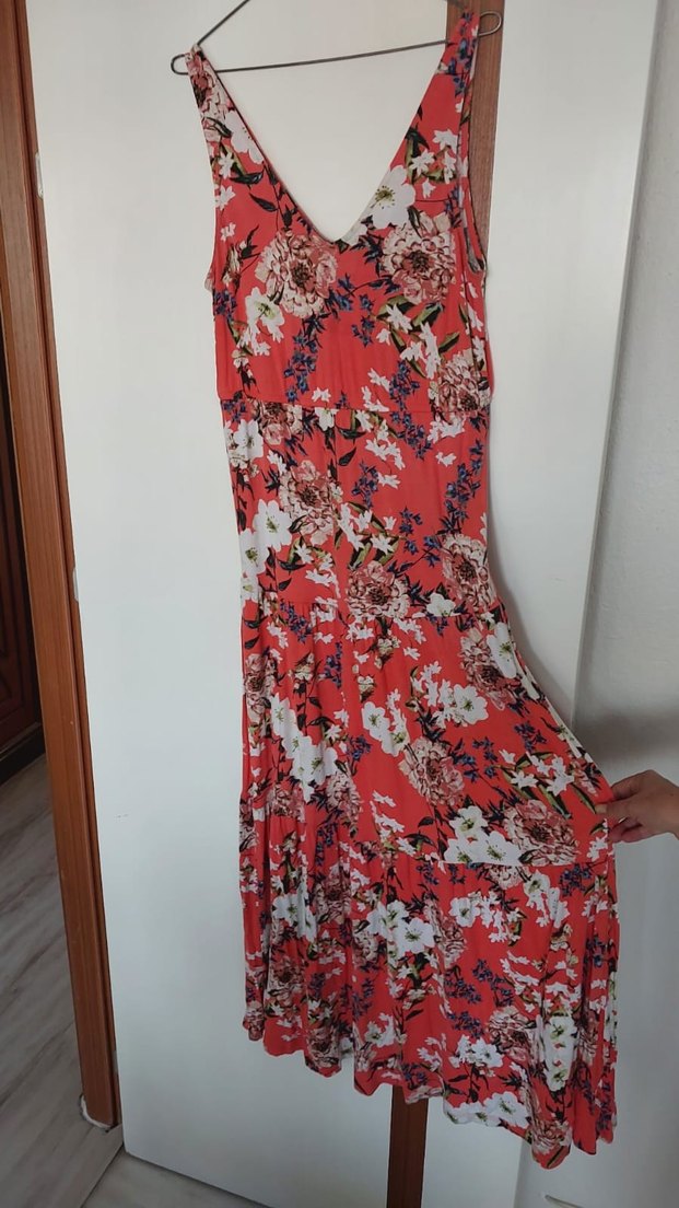 Kırmızı Çiçek Desenli Bohem Uzun Elbise - Görsel 2