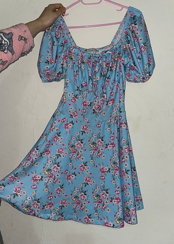 Mavi Çiçekli Mini Elbise - Görsel 3