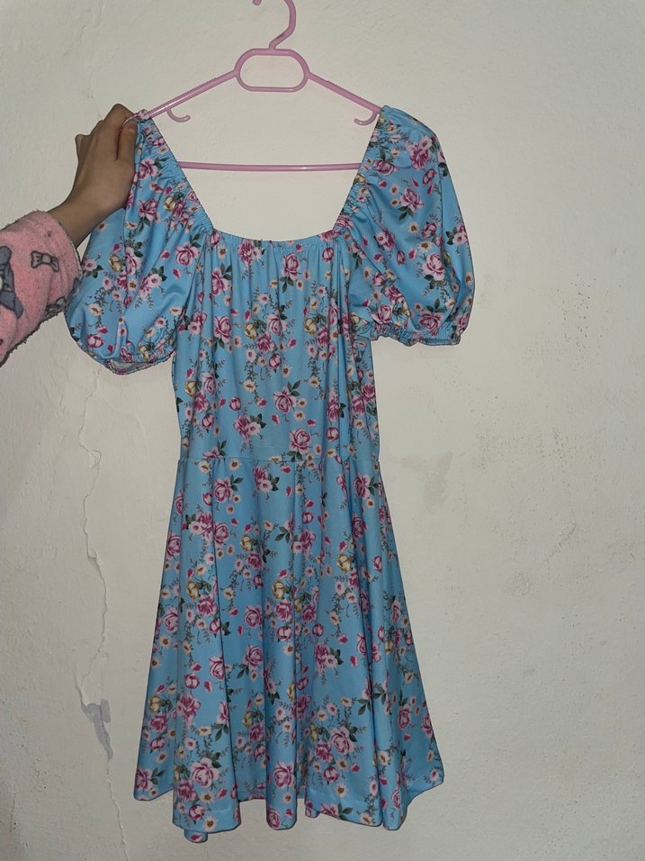 Mavi Çiçekli Mini Elbise - Görsel 2
