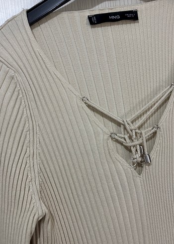 Bej V Yaka Fitilli Örme Kadın mango marka sıfır - Görsel 2