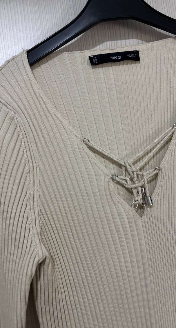 Bej V Yaka Fitilli Örme Kadın mango marka sıfır - Görsel 2