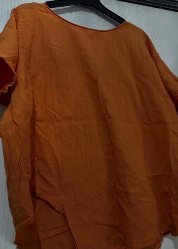 Turuncu, yırtmaçlı Keten Salaş T-shirt - Görsel 2