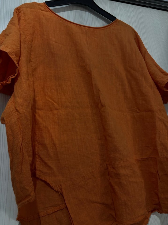 Turuncu, yırtmaçlı Keten Salaş T-shirt - Görsel 2