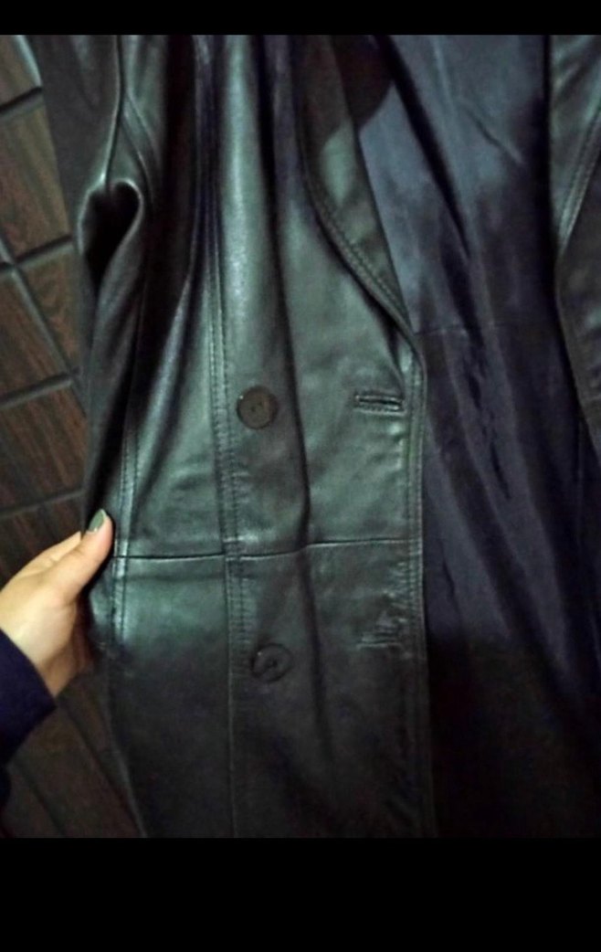 Kadın Siyah Deri Uzun Kemerli Ceket - Görsel 2