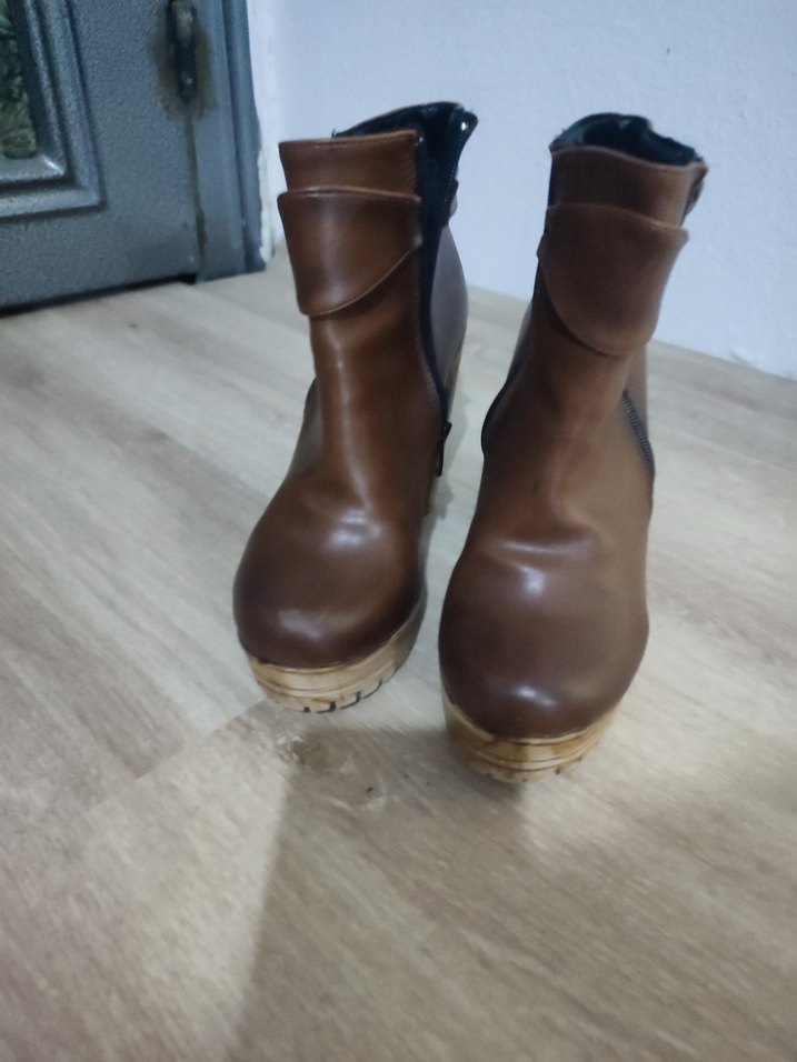 Deri Taba Platform Topuklu Kadın Bot - Görsel 5