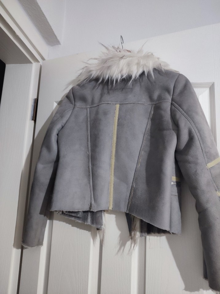 Gri Süet Kürklü Mini Kadın Ceket - Görsel 3