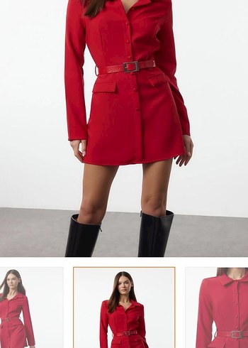 Kemerli Kırmızı Midi Elbise - Görsel 2