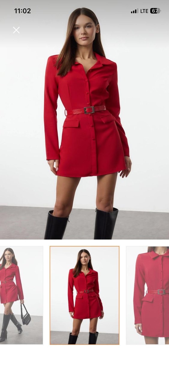 Kemerli Kırmızı Midi Elbise - Görsel 2