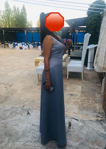 V Yaka Gri Uzun Drapeli Kadın Elbise - Görsel 2