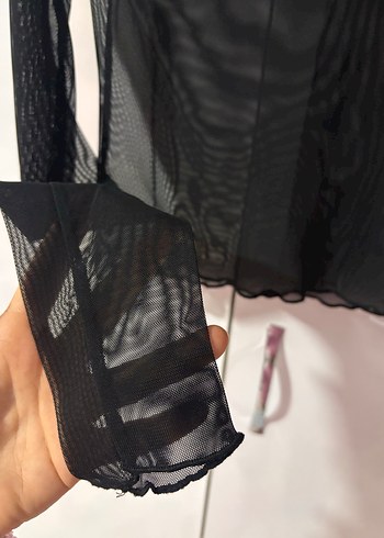 Siyah Uzun Kollu Tül Dik Yaka Bluz - Görsel 2