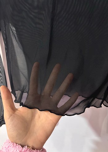 Siyah Uzun Kollu Tül Dik Yaka Bluz - Görsel 3